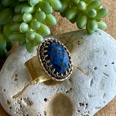 Brass &amp; Lapis Lazuli statement ring - Adjustable