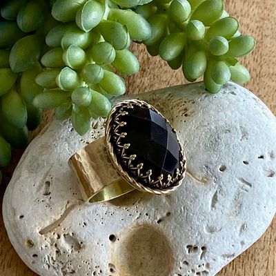 Brass &amp; Black Agate statement ring - Adjustable
