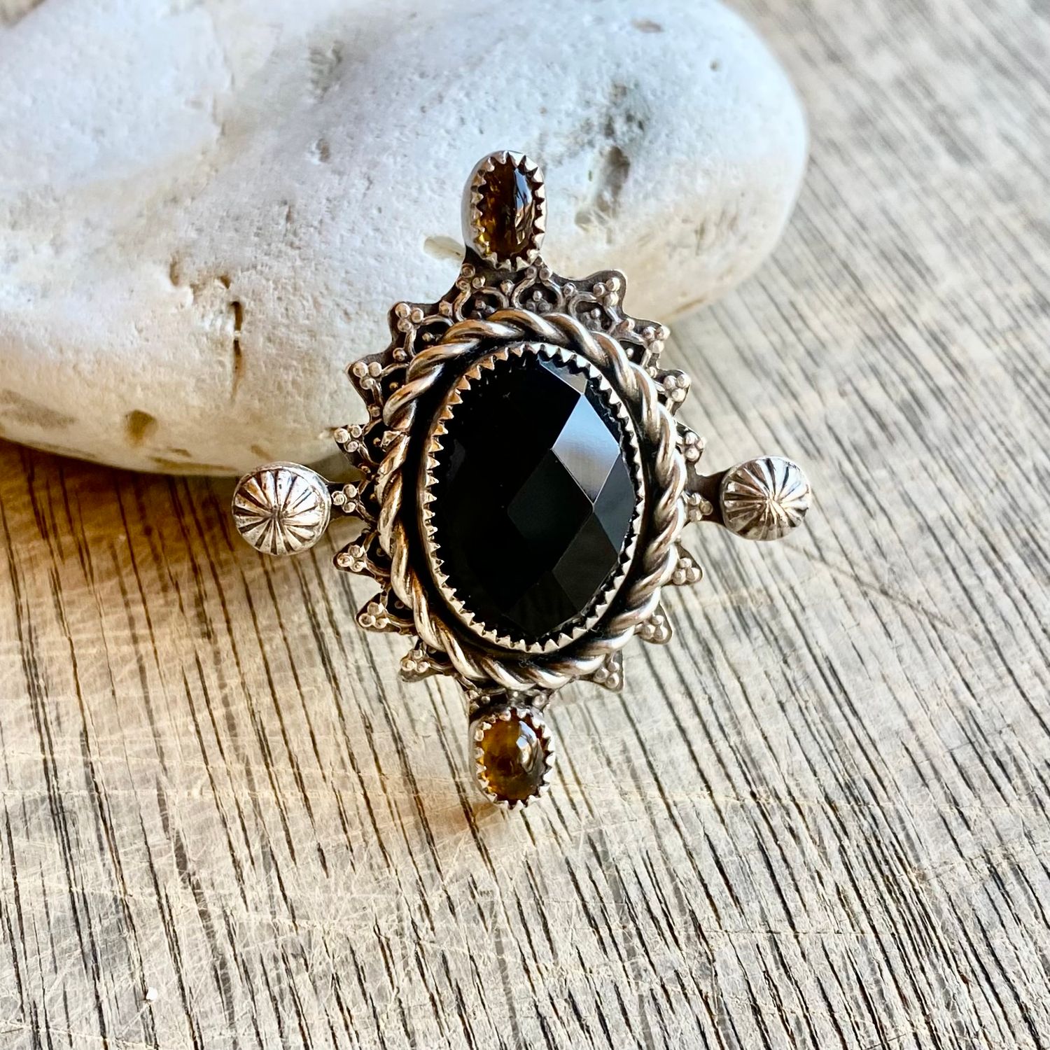 Sterling Silver, Black Agate &amp; Tourmaline statement ring - Adjustable