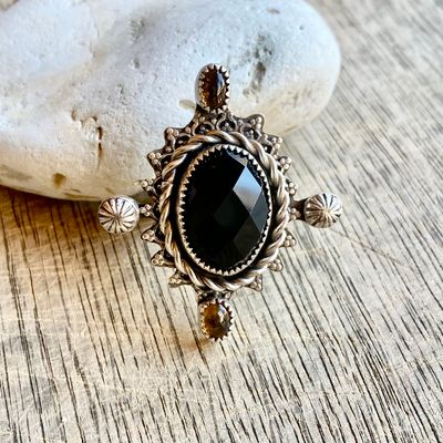 Sterling Silver, Black Agate &amp; Tourmaline statement ring - Adjustable