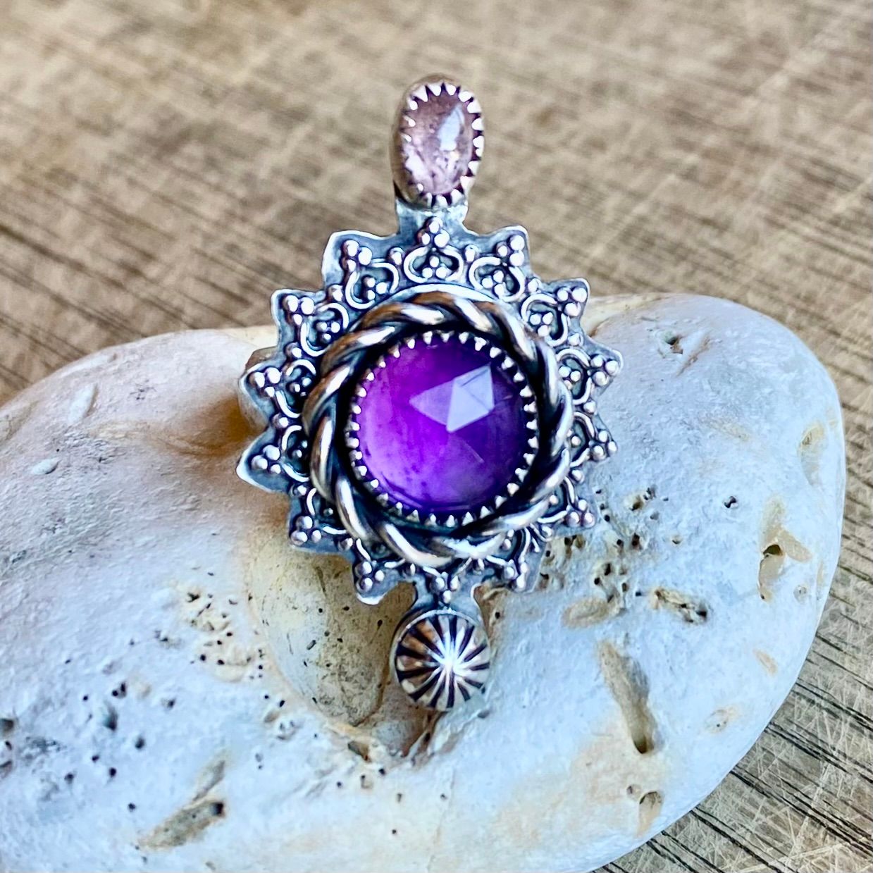 Sterling Silver, Amethyst &amp; Tourmaline statement ring - Adjustable