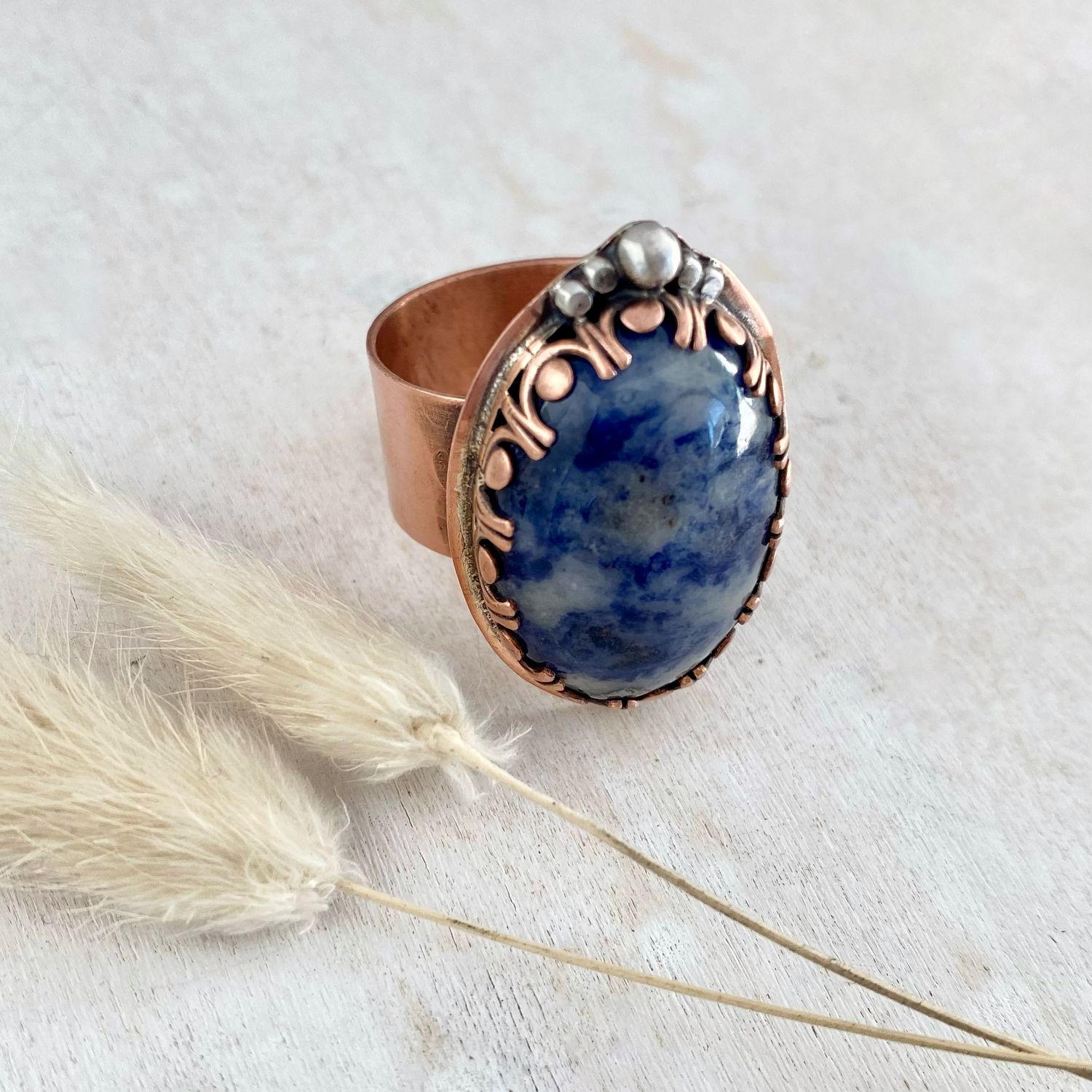 Copper, Sodalite &amp; sterling silver statement ring - Adjustable