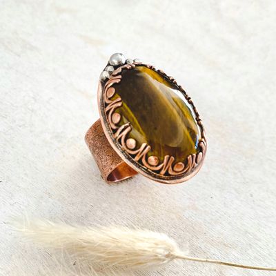 Copper, Tigers eye &amp; sterling silver oval statement ring - Adjustable