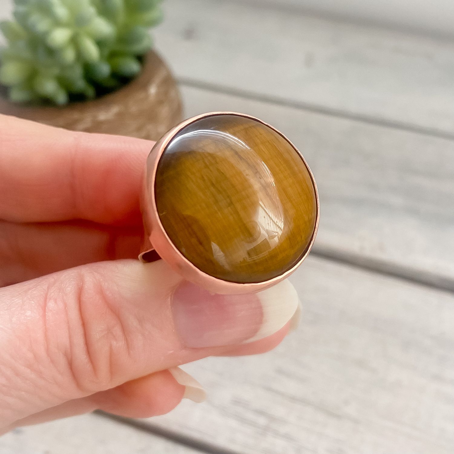 Copper &amp; Tigers Eye round statement ring - Adjustable