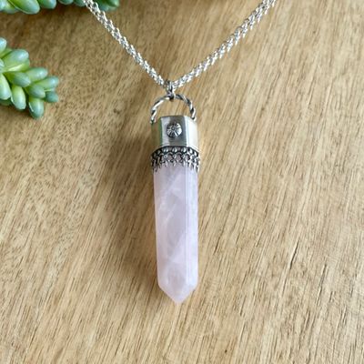 Sterling Silver Rose Quartz Crystal Statement Pendant Necklace
