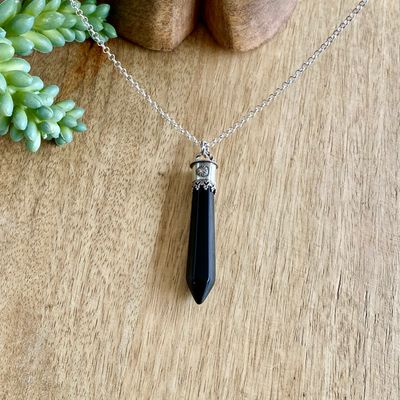 Sterling Silver Black Agate Crystal Pendant Necklace