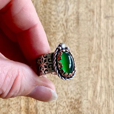 Sterling Silver, Green Agate &amp; Copper ring - Adjustable #2
