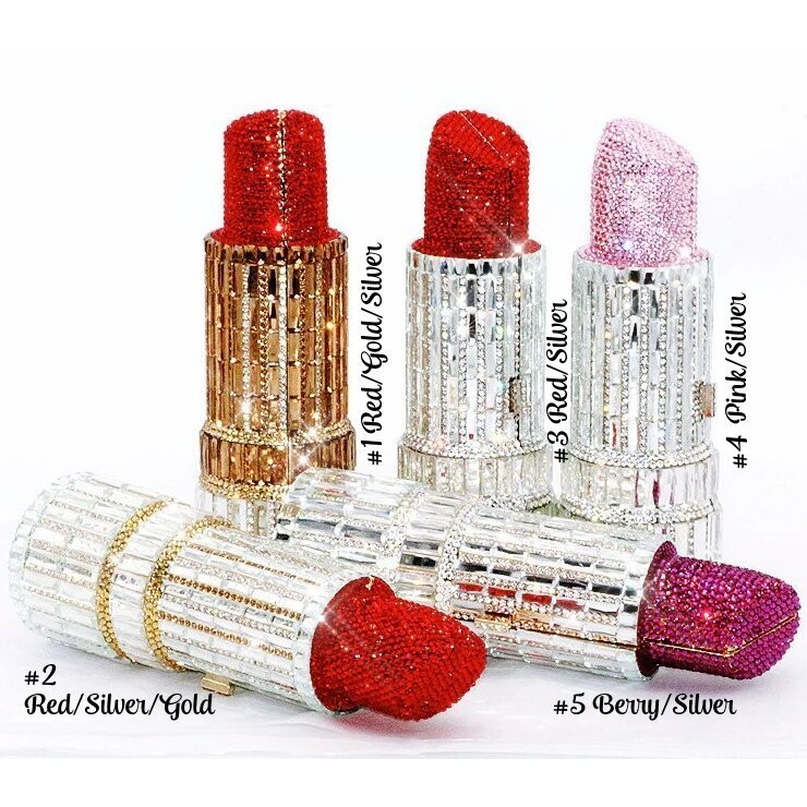 Swarovski Crystal Rhinestone Bling Lipstick Purse: Gold Silver Pink Red Several Colors: Slim