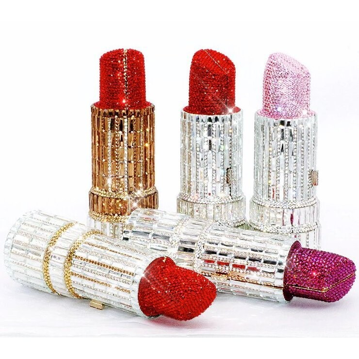 Swarovski Crystal Rhinestone Bling Lipstick Purse: Gold Silver Pink Red Several Colors: Slim