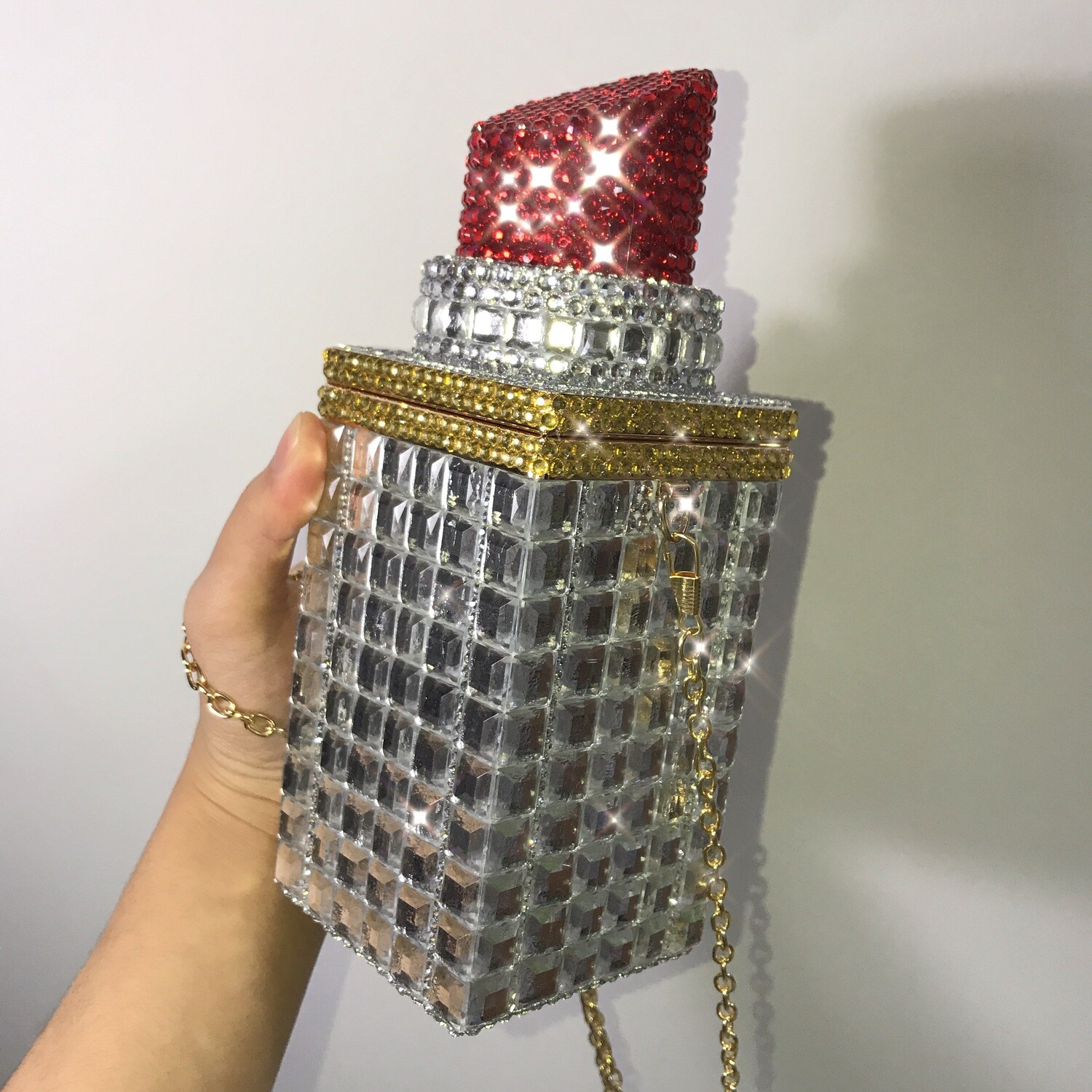 Swarovski Crystal Rhinestone Bling Lipstick Purse: Red Pink Silver Gold