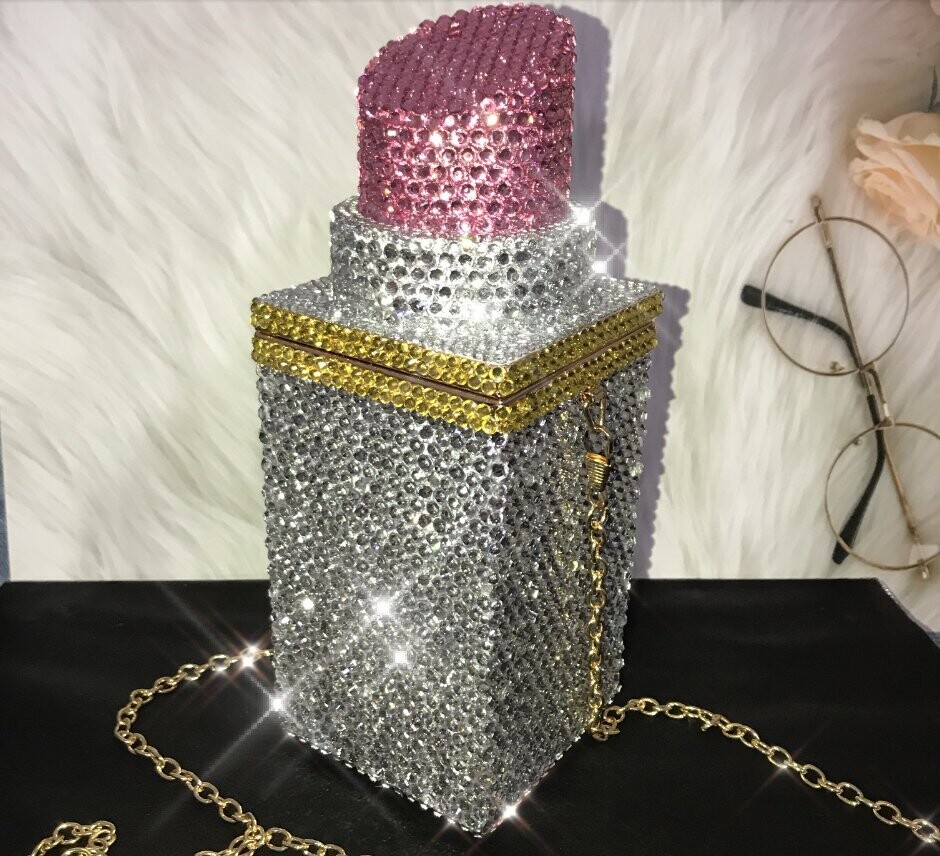Swarovski Crystal Rhinestone Bling Lipstick Purse: Red Pink Silver Gold