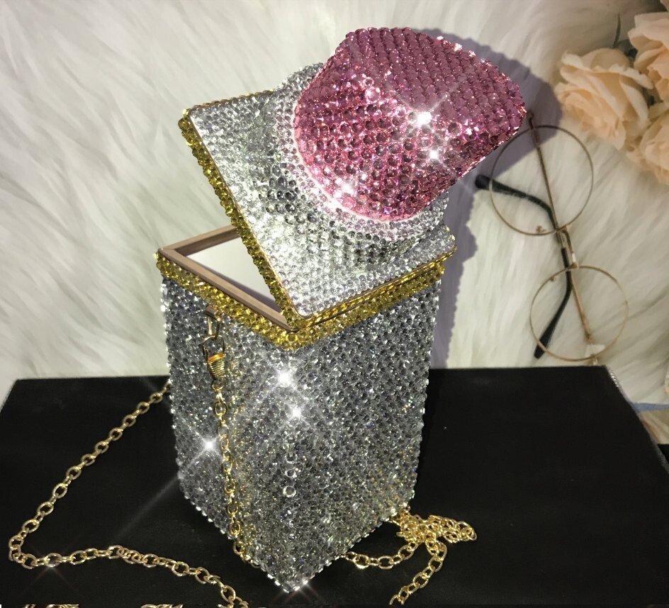 Swarovski Crystal Rhinestone Bling Lipstick Purse: Red Pink Silver Gold