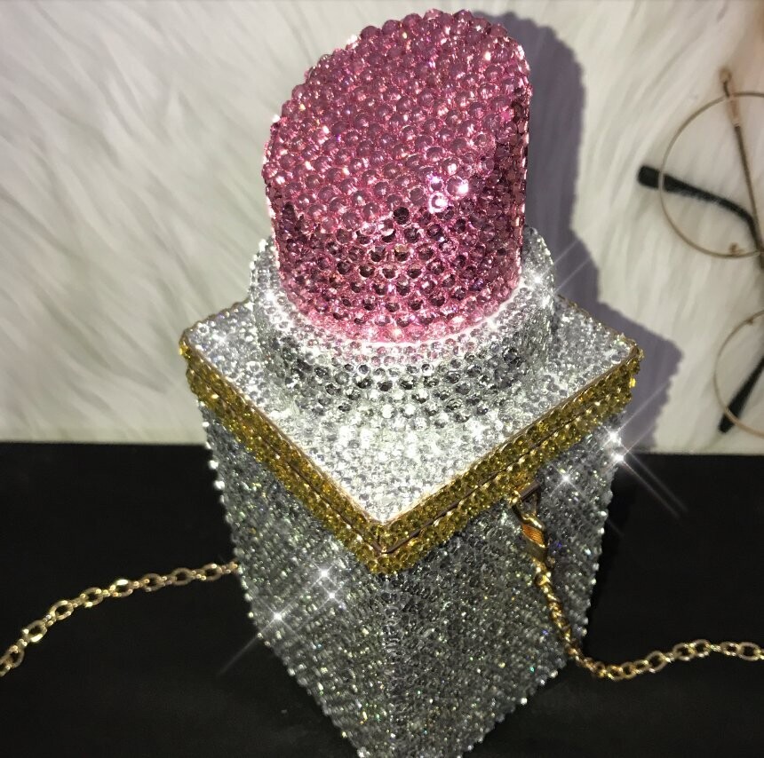 Swarovski Crystal Rhinestone Bling Lipstick Purse: Red Pink Silver Gold