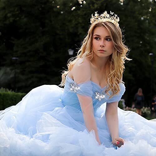 Cinderella Light Blue Gown Bling Crystal Rhinestone Butterflies Quinceañera Prom Dress