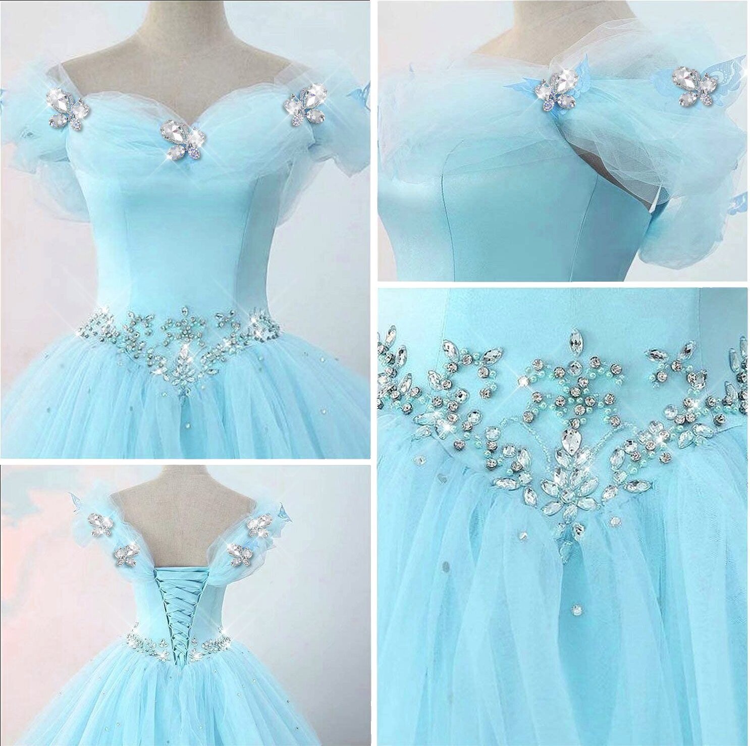 Cinderella Light Blue Gown Bling Crystal Rhinestone Butterflies Quinceañera Prom Dress