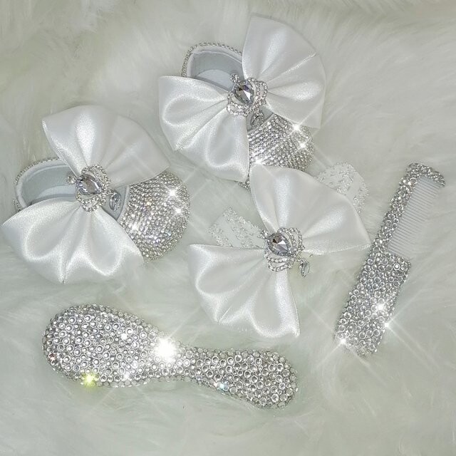 Swarovski Crystal Rhinestone Bling Baby Princess Shoes &amp; Brush Set