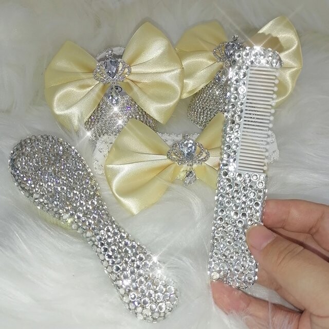 Swarovski Crystal Rhinestone Bling Baby Princess Shoes &amp; Brush Set