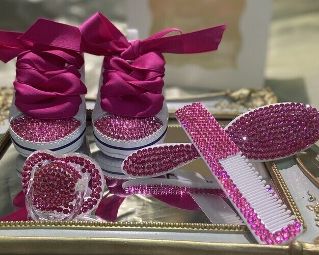 Swarovski Crystal Rhinestone Bling Baby Princess Shoes &amp; Brush Set