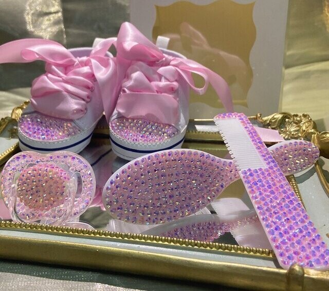 Swarovski Crystal Rhinestone Bling Baby Princess Shoes &amp; Brush Set
