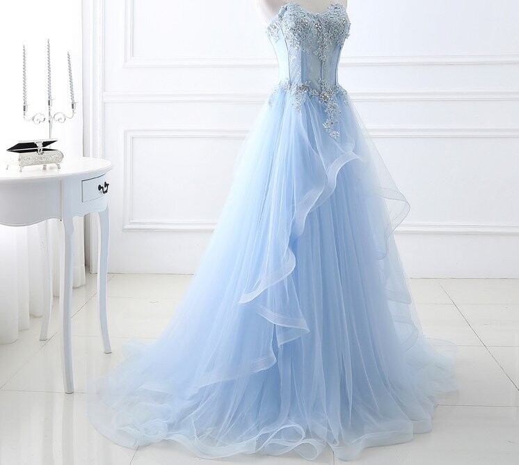 Cinderella Light Blue Prom Gown Bling Crystal Rhinestone Quinceañera Prom Dress
