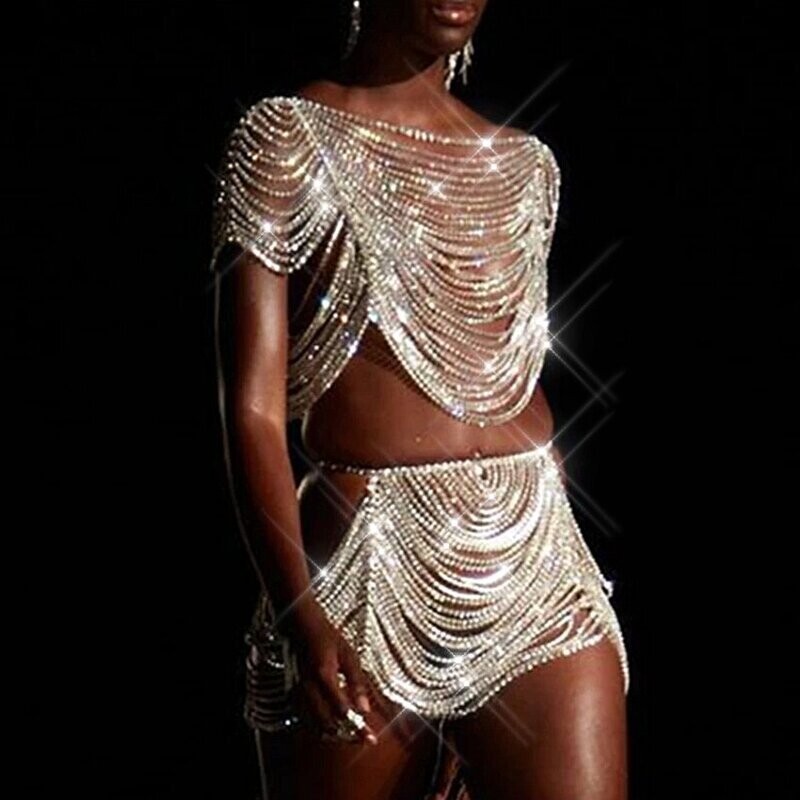 Swarovski Crystal Rhinestone Bling Flapper Top &amp; Skirt