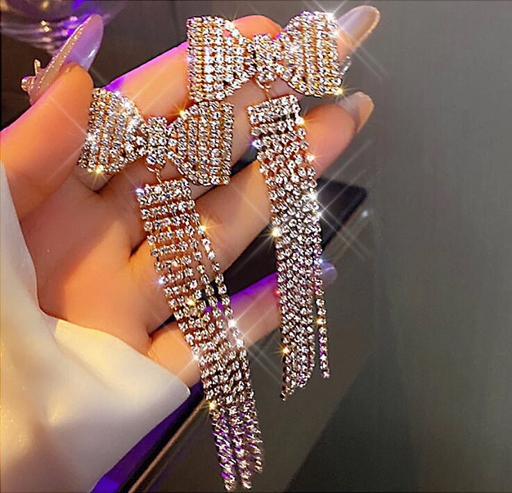 Swarovski Crystal Rhinestone Bling Bow Tassel Earrings