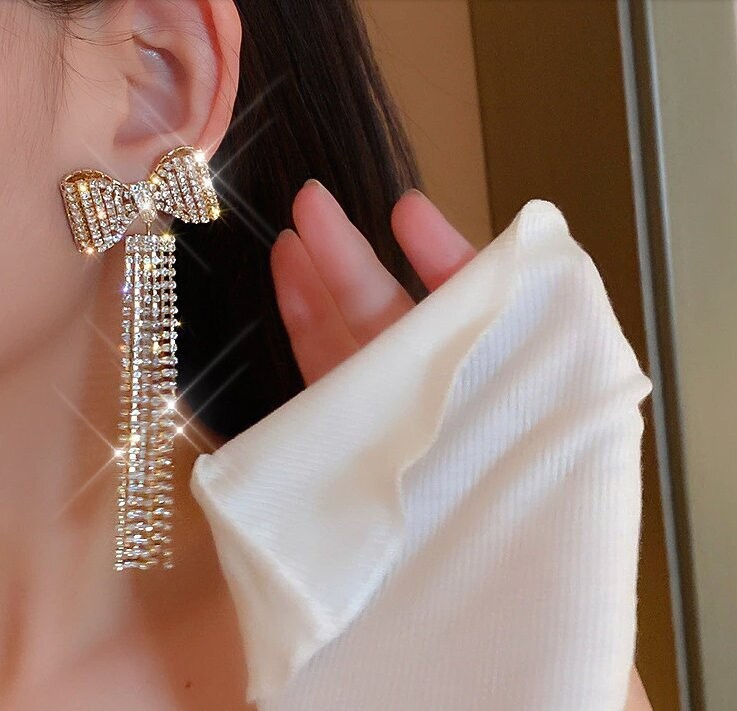 Swarovski Crystal Rhinestone Bling Bow Tassel Earrings