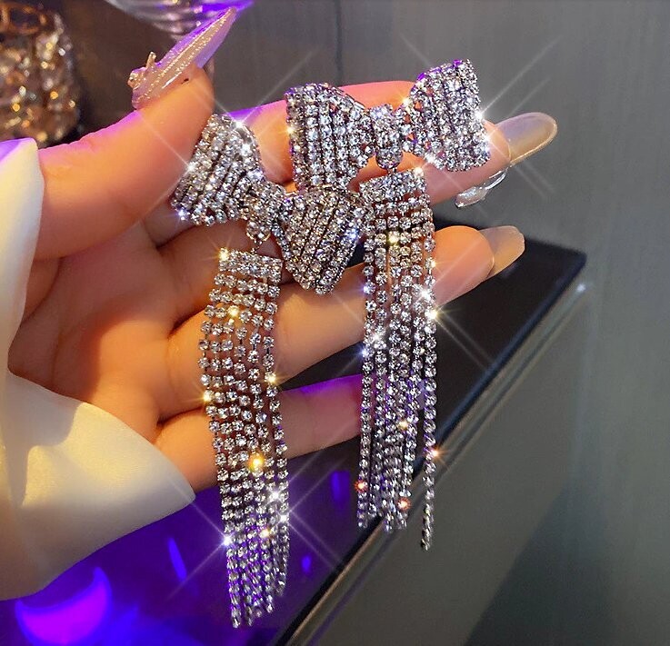 Swarovski Crystal Rhinestone Bling Bow Tassel Earrings