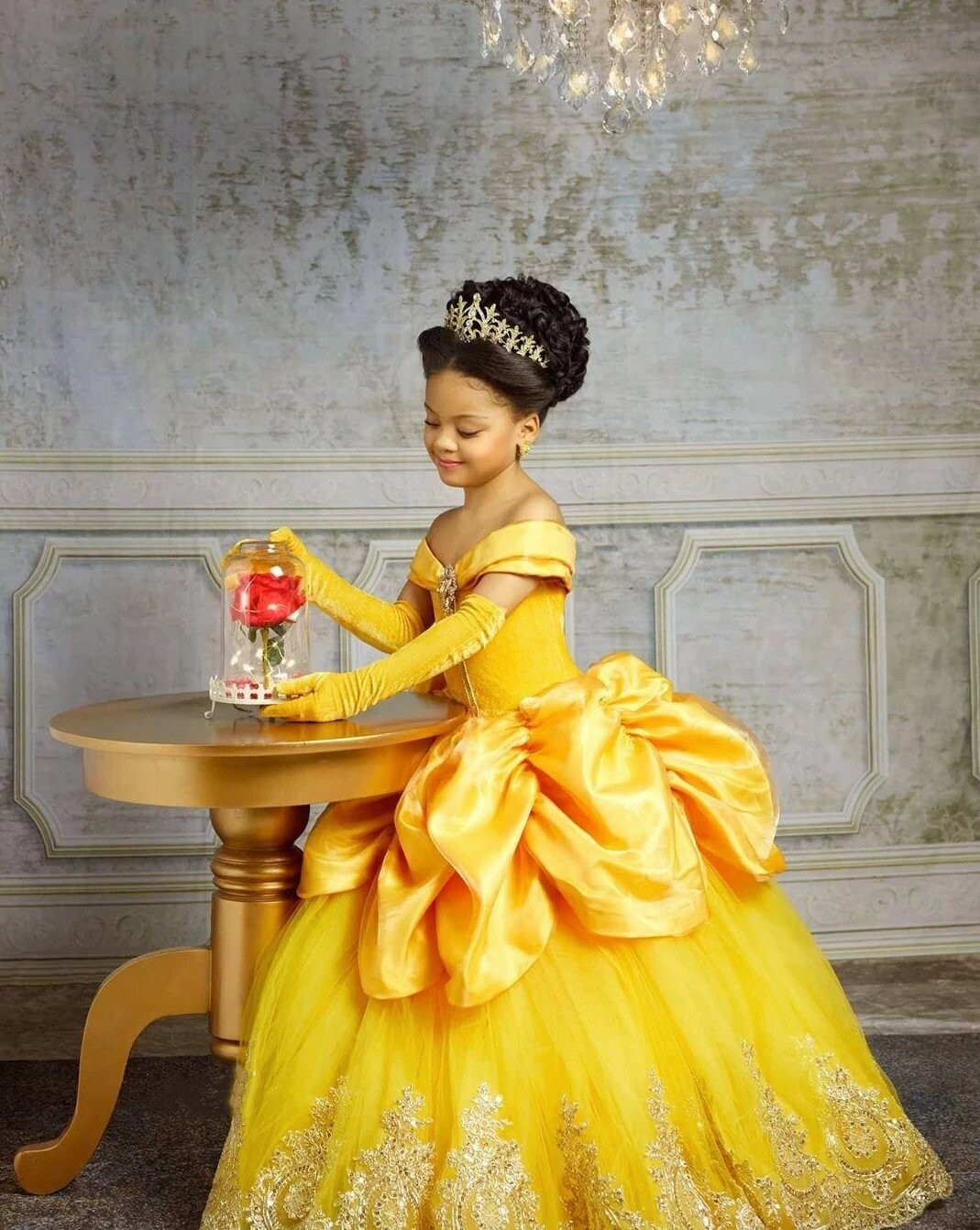 Yellow Belle Gown Crystal Rhinestone Sequins Bling Flower Girl Dress