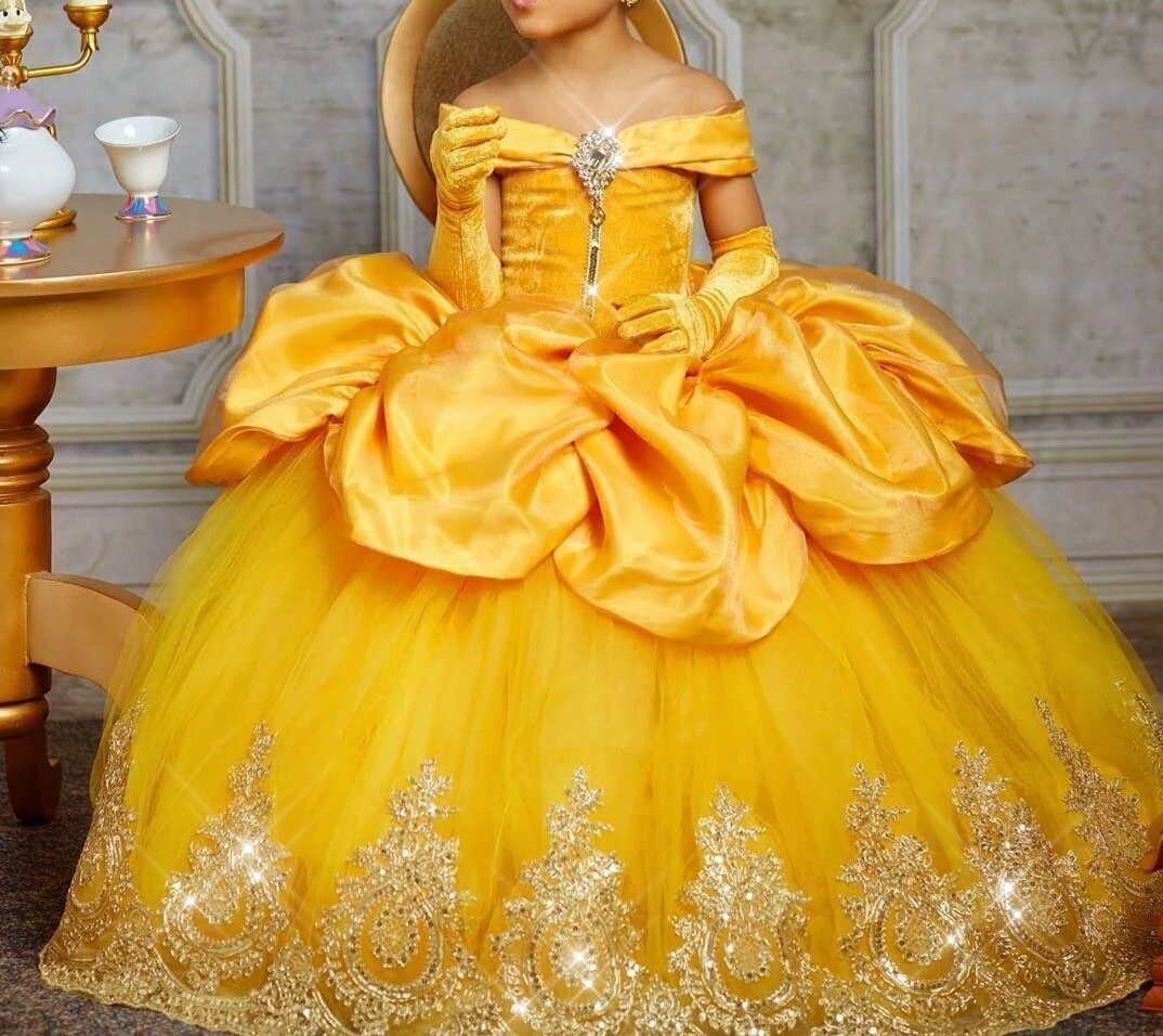 Yellow Belle Gown Crystal Rhinestone Sequins Bling Flower Girl Dress