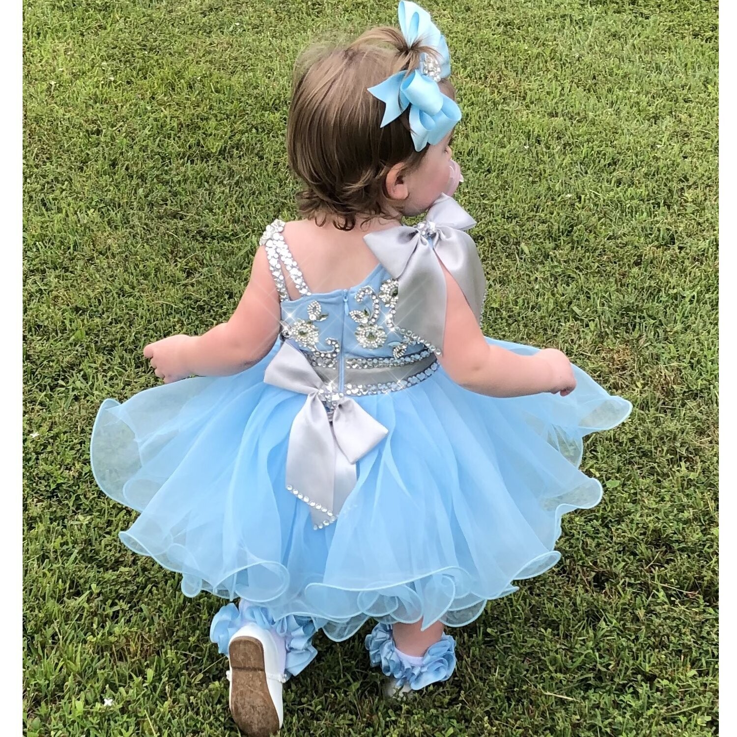 Cinderella Light Blue Crystal Rhinestone Sequins Bling Flower Girl Dress