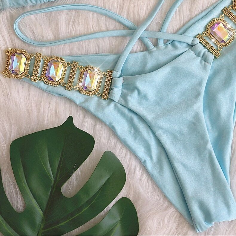 Swarovski Crystal Rhinestone Blue Bling Bikini Swimsuit