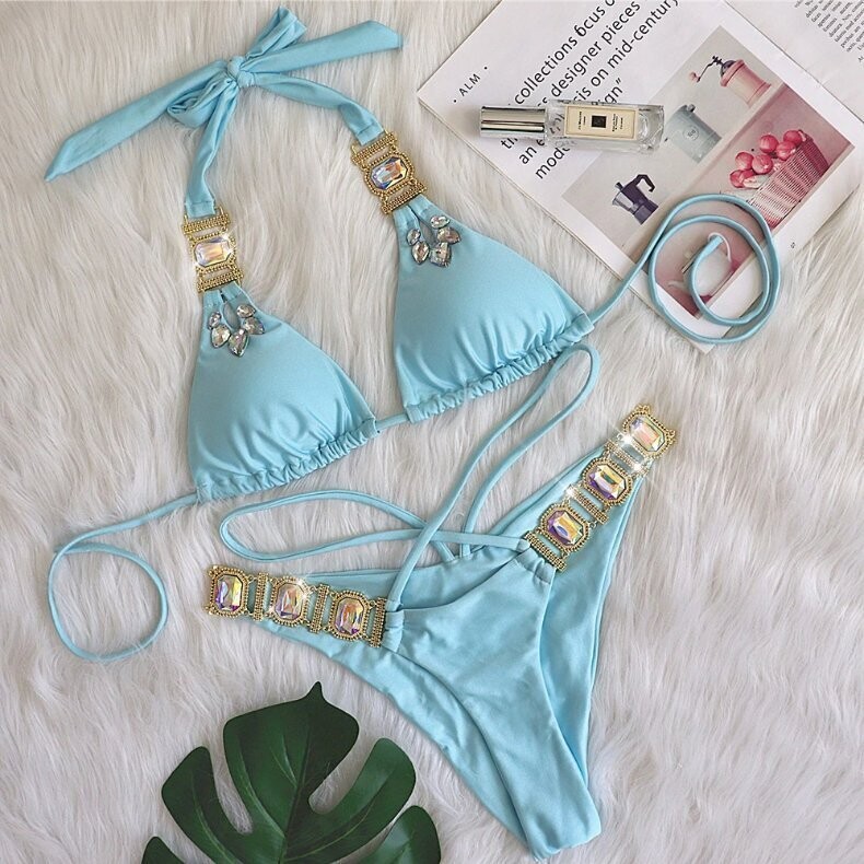 Swarovski Crystal Rhinestone Blue Bling Bikini Swimsuit