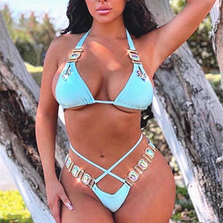 Swarovski Crystal Rhinestone Blue Bling Bikini Swimsuit