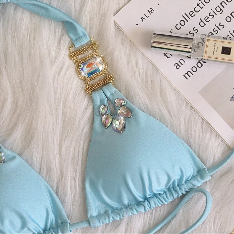 Swarovski Crystal Rhinestone Blue Bling Bikini Swimsuit
