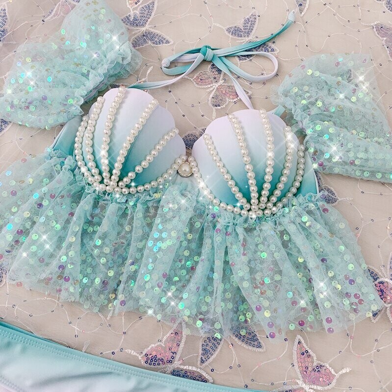 Sequins &amp; Pearls Bling Aqua Mermaid Costume Bikini
