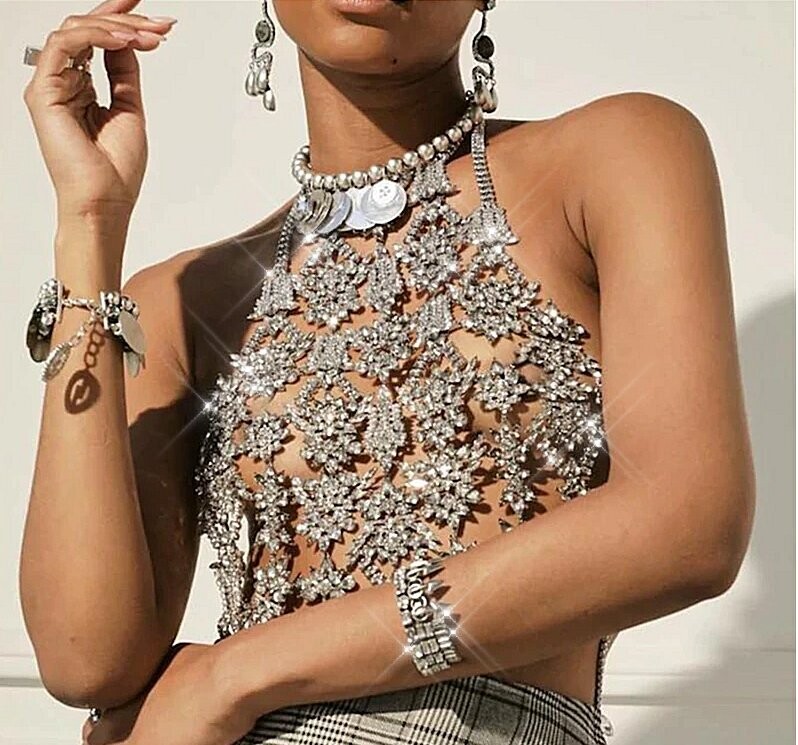 Swarovski Crystal Rhinestone Bling Floral Halter Top