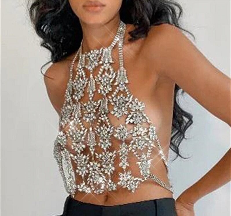 Swarovski Crystal Rhinestone Bling Floral Halter Top