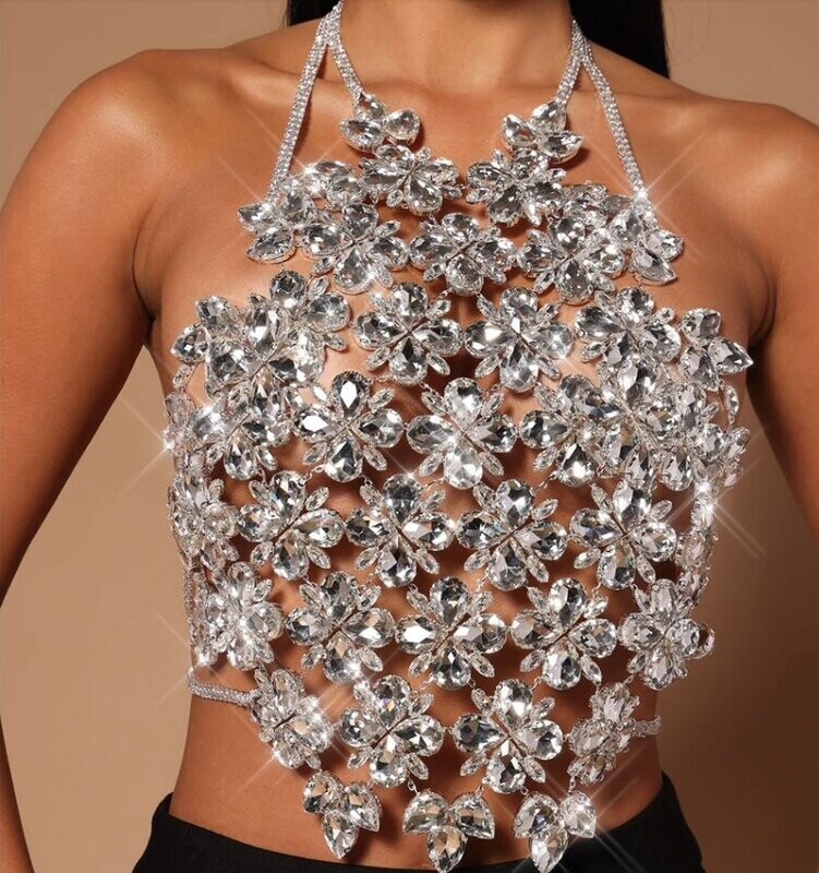 Swarovski Crystal Rhinestone Bling Floral Halter Top