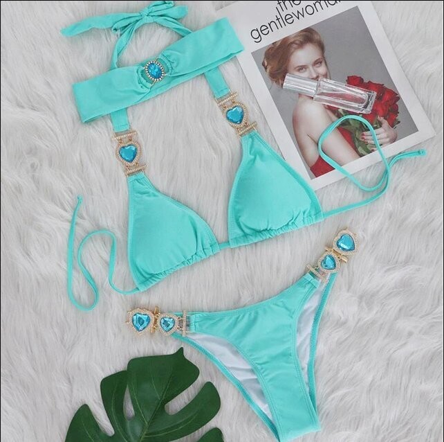 Swarovski Crystal Rhinestone Aqua Bling Bikini Swimsuit