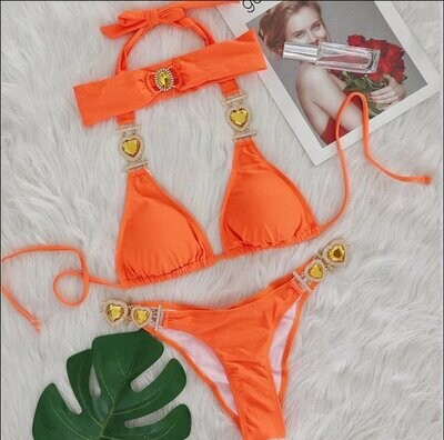 Swarovski Crystal Rhinestone Orange Bling Bikini Swimsuit