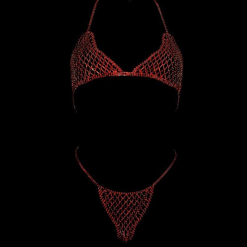 Swarovski Crystal Red Or Aqua Blue Rhinestone Bling Bikini &amp; Skirt