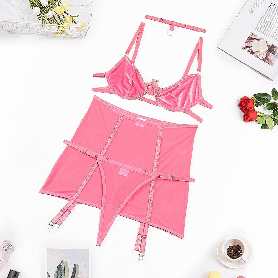 Swarovski Crystal Rhinestone Bling Lingerie Set: Pink Or Black