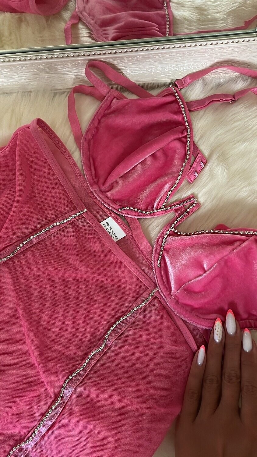 Swarovski Crystal Rhinestone Bling Lingerie Set: Pink Or Black