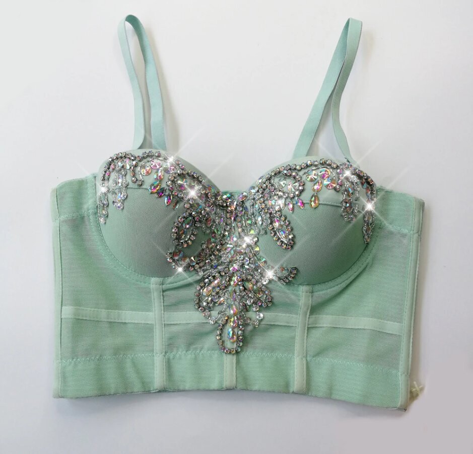 Swarovski Crystal Rhinestone Bling Black Bustier Top