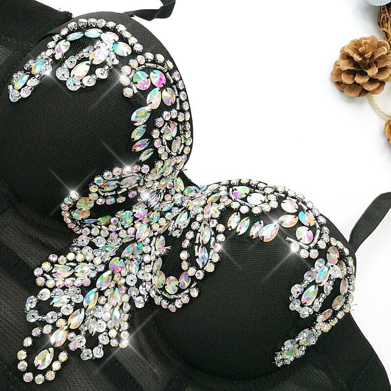 Swarovski Crystal Rhinestone Bling Black Bustier Top