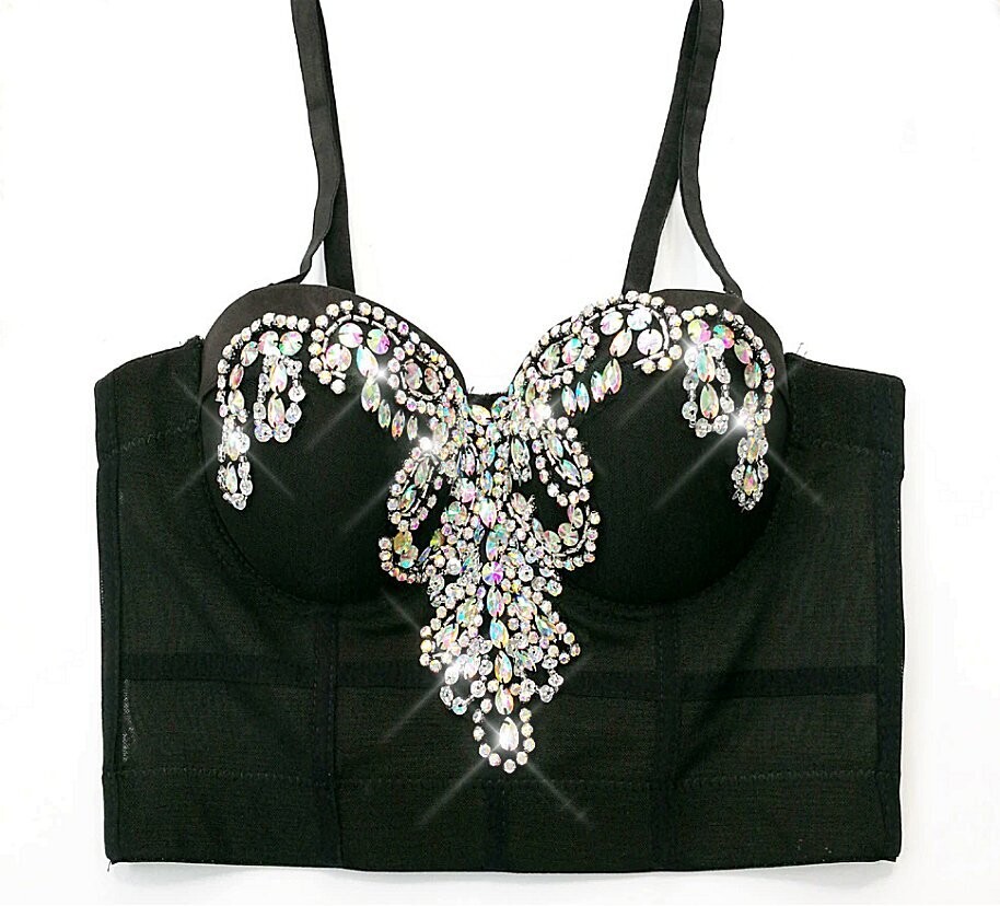 Swarovski Crystal Rhinestone Bling Black Bustier Top