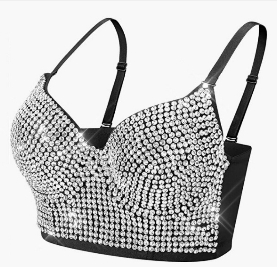 Swarovski Crystal Rhinestone Bling Black Bustier Top