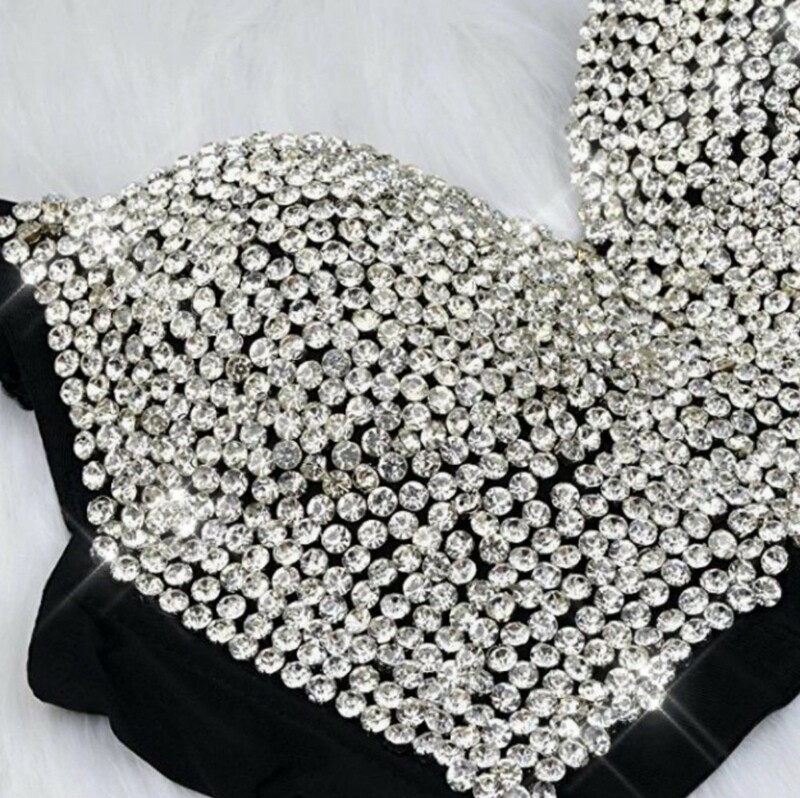 Swarovski Crystal Rhinestone Bling Black Bustier Top