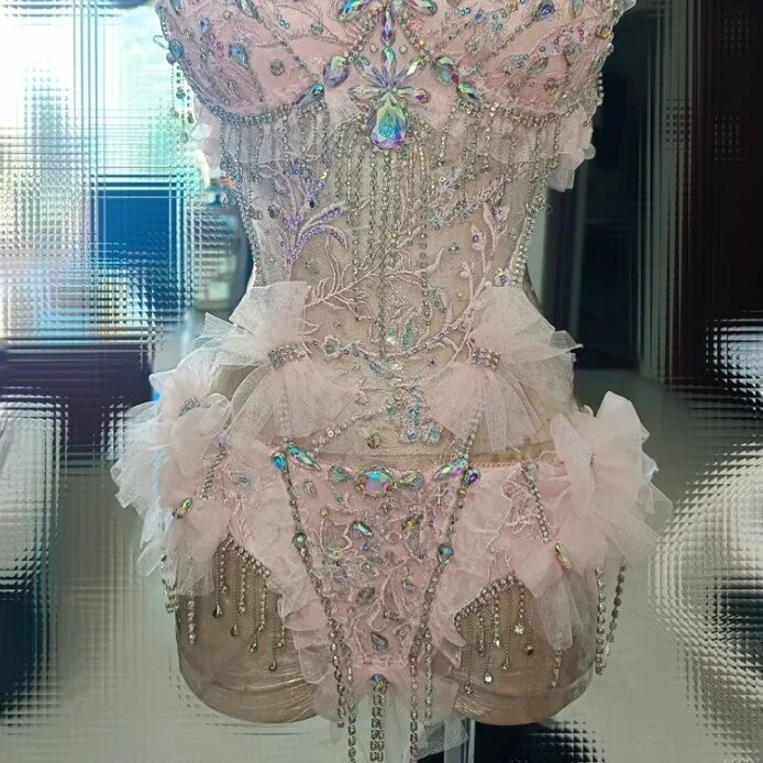 Swarovski Crystal Rhinestone Bling Show Girl Dance Costume Pink